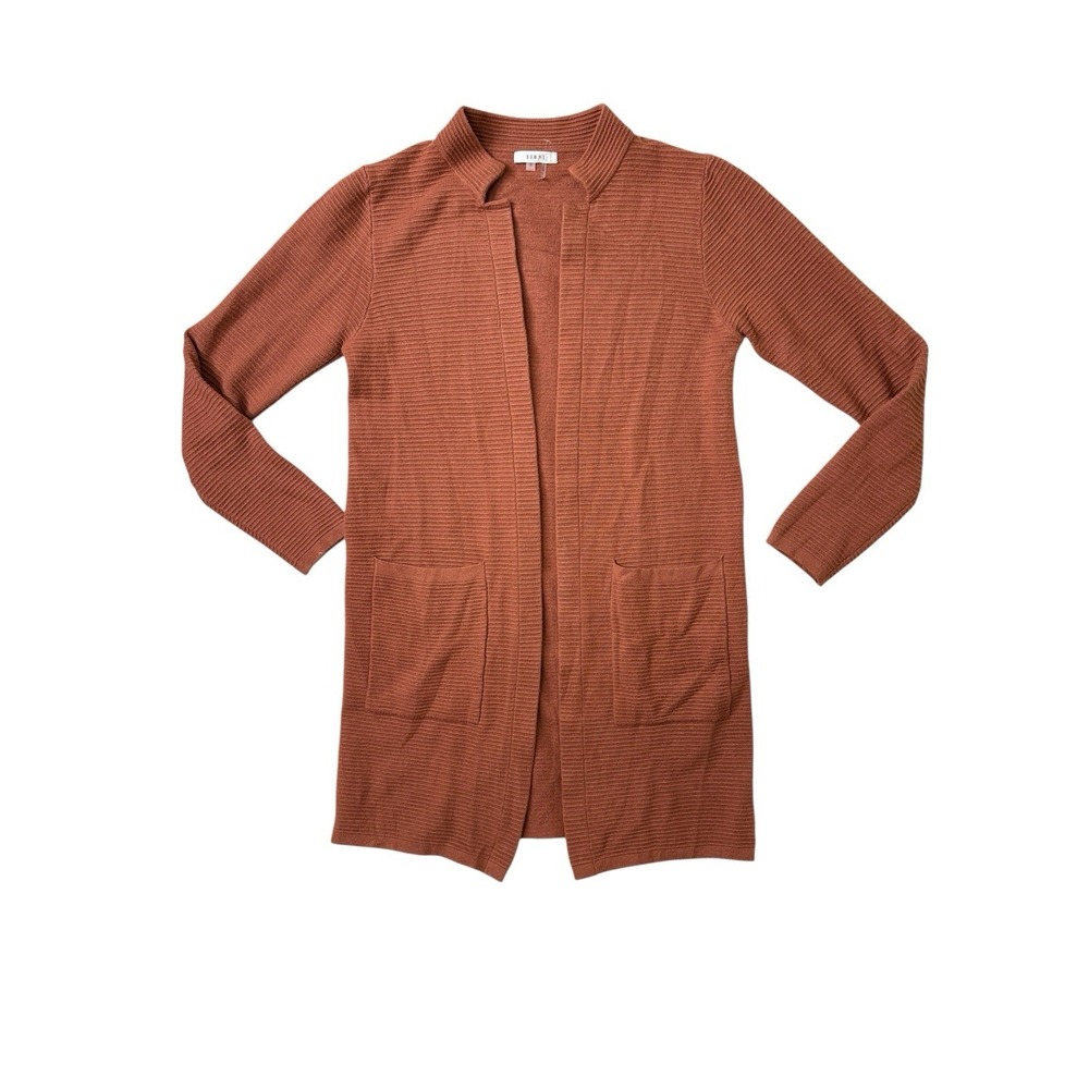 SIONI Ribbed Knit Cardigan Sweater S Rust Orange Open Front Wool Blend Pockets